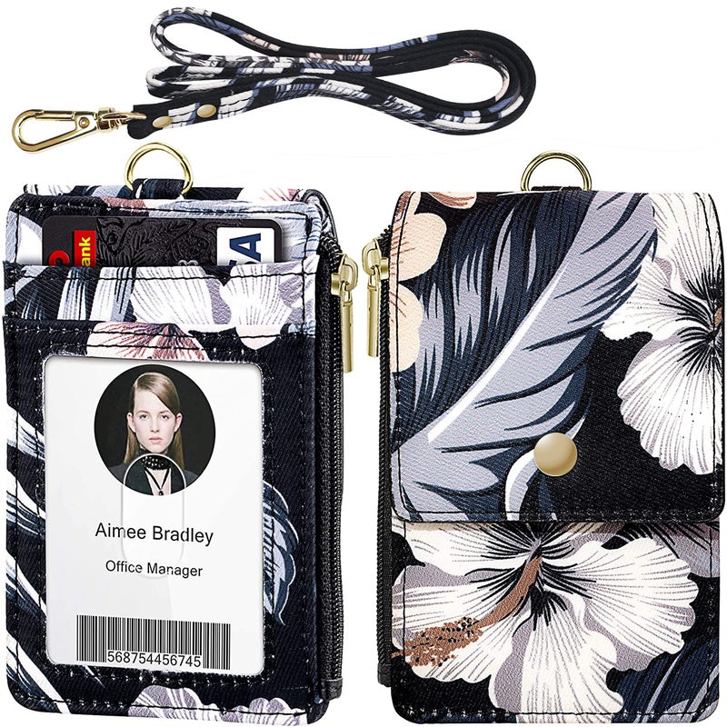 ELV Badge Holder with Zipper, ID Badge Card Holder Wallet with 5 Card Slots, 1 Side RFID Blocking Pocket and 20 inch Neck Lanyard Strap for Offices, School, Driver Licence (Floral) - Image 1